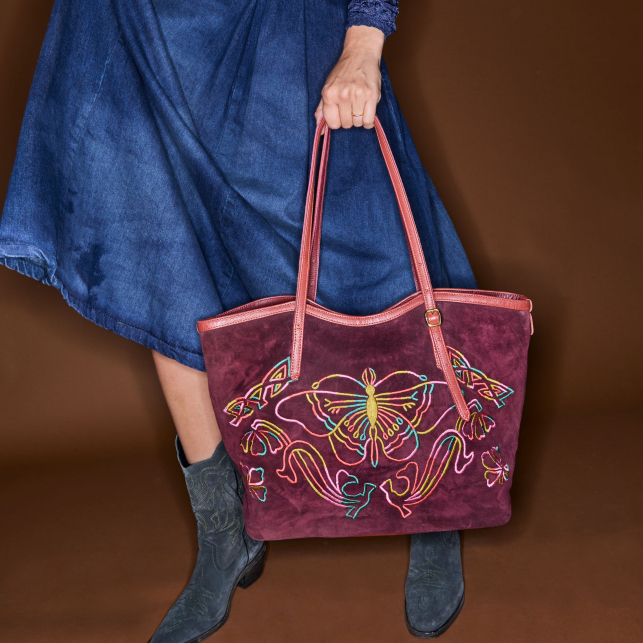 Cabas Suede India Pourpre Brodée Faune et Flore