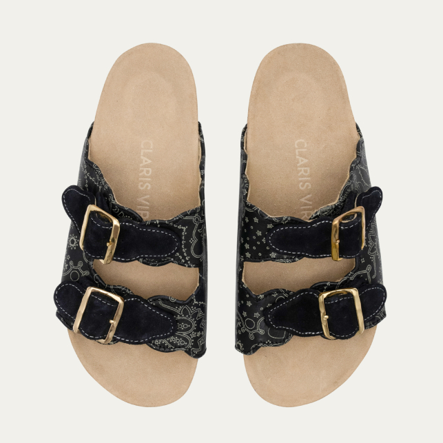 Black Printed Bandana Nappa Leather Odette Sandals