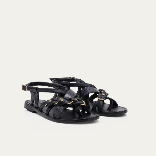 Black Leather and Cobra Hariette Sandals