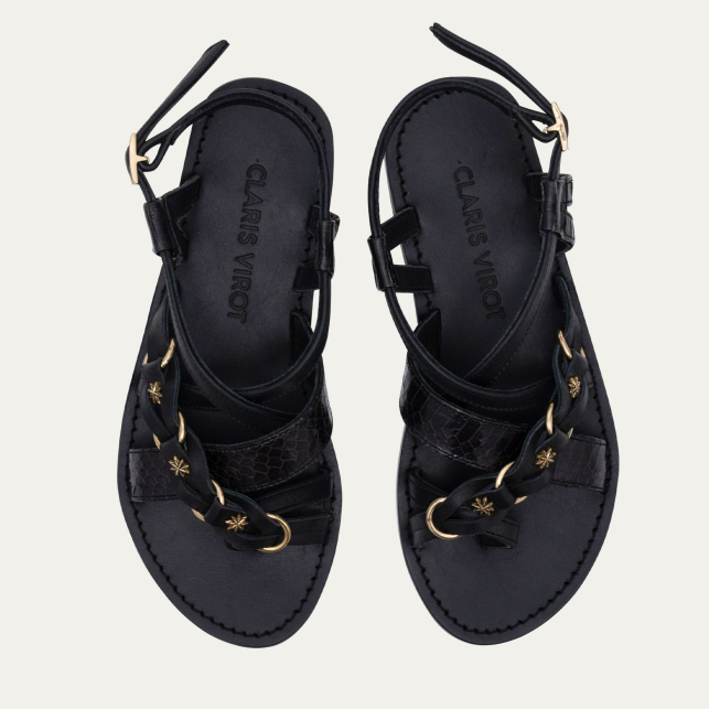 Black Leather and Cobra Hariette Sandals