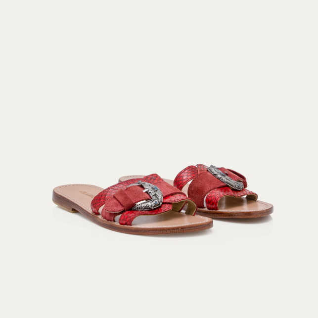 Sandales Veau Velours et Cobra Violette Rouge Bordeaux