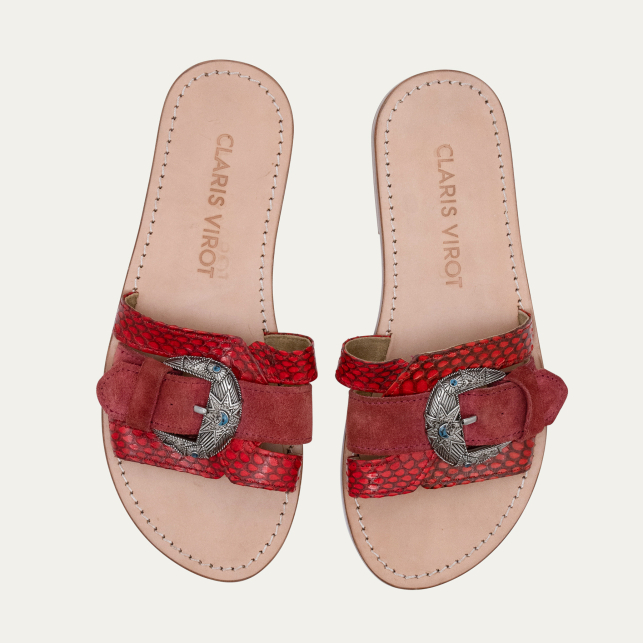 Sandales Veau Velours et Cobra Violette Rouge Bordeaux