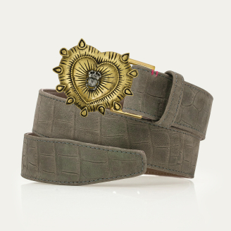 Ceinture Nubuck Embossé Croco Gris Perle Ex Voto