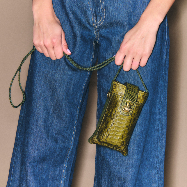 Etui à Telephone Double Marcus Python Vert Kaki