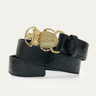 Black Vintage Leather Gold Beetle Belt