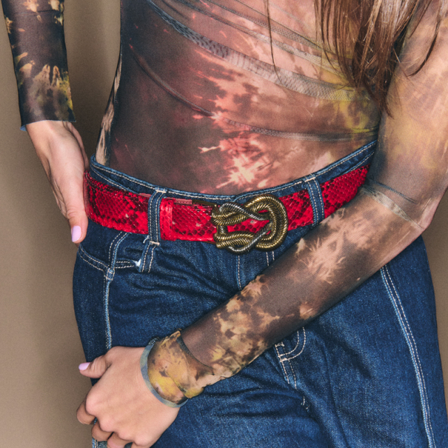 Ceinture Python Rubis Noeud Mixé Or et Argent