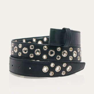 Ceinture Cuir Nappa Noir Avec Oeillets Argents
