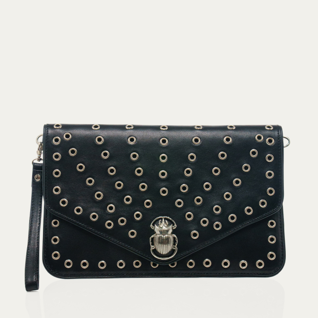 Pochette Cuir Alicia Cuir Nappa Noir Avec Oeillets