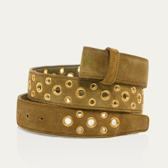 Ceinture Veau Velours Olive Avec Oeillets Or