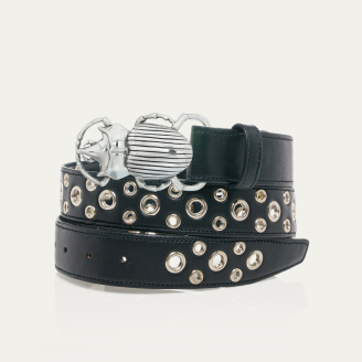 Ceinture Cuir Nappa Noir Avec Oeillets Argents Scarabée Argent