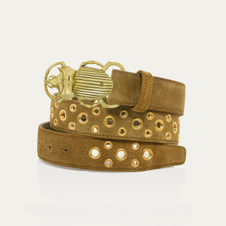 Ceinture Veau Velours Olive Avec Oeillets Scarabée Or