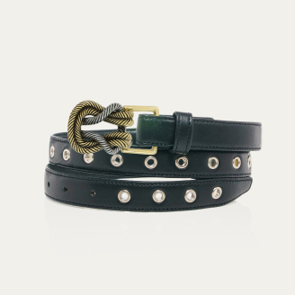 Black Nappa Leather with Silver Eyelets Knot Belt