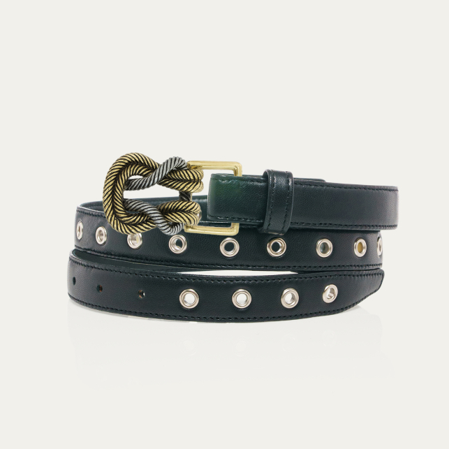 Black Nappa Leather with Silver Eyelets Knot Belt