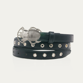 Black Nappa Leather With Silver Eyelets Beetle Belt