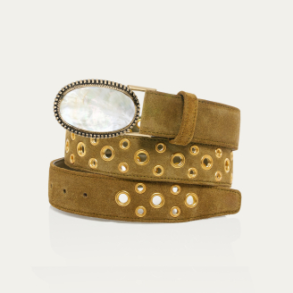 Ceinture Dallas Veau Velours Olive avec Oeillets
