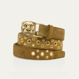 Ceinture Lion Veau Velours Olive Avec Oeillets