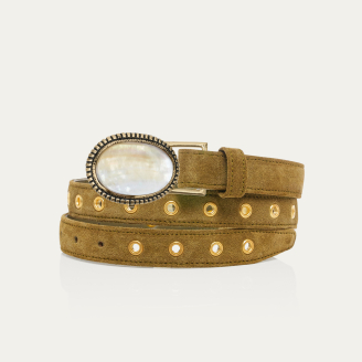 Olive Thick Suede with Eyelets and Dallas Shell Buckle Baby Belt