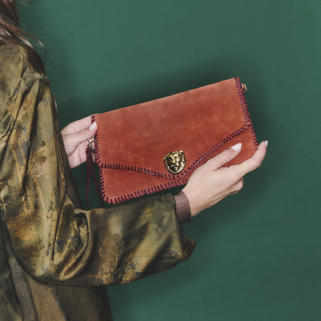 Pochette Cuir Alicia Veau velours Brique Brodé