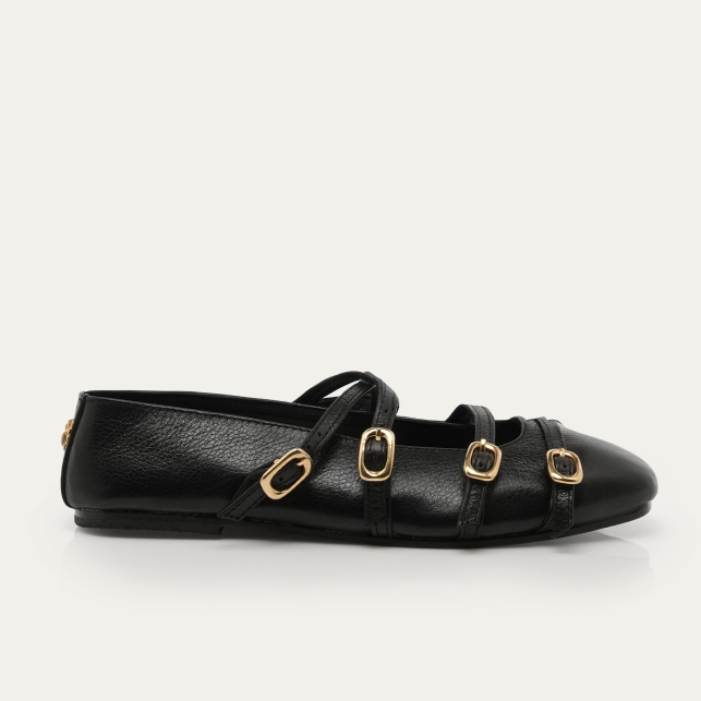 Black Leather Adele Ballerinas Gold