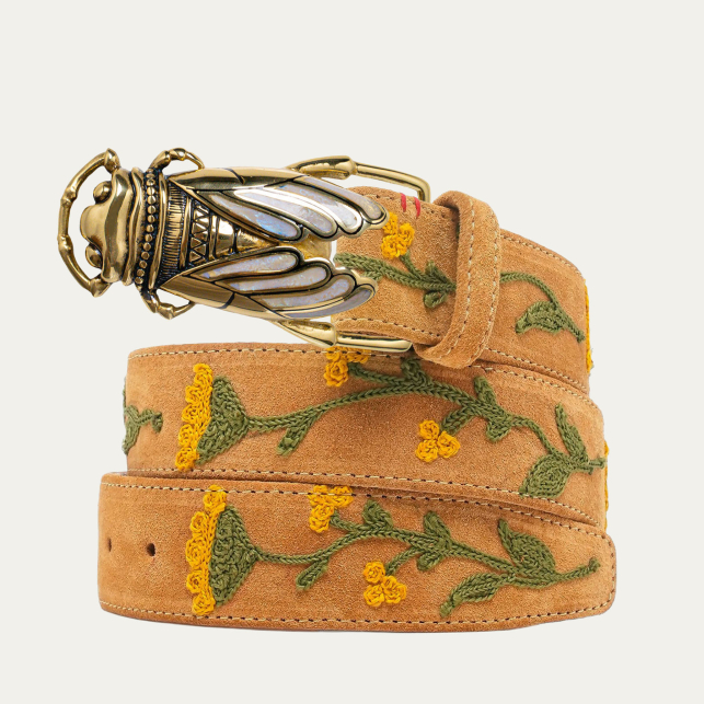 Honey Suede Embroidered Belt Gold Cicada Belt
