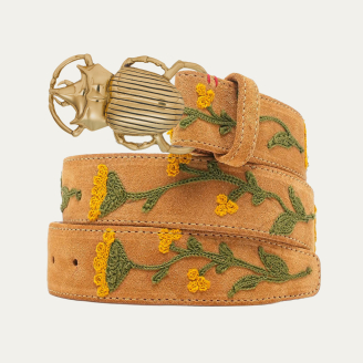 Honey Suede Belt Embroidered Gold Beetle Belt