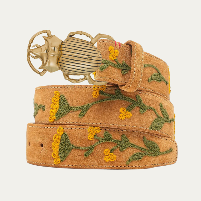 Honey Suede Belt Embroidered Gold Beetle Belt