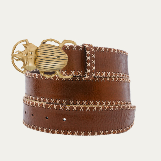 Ceinture Cuir Tabac Scarabée Doré