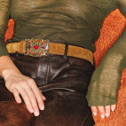 Baby Embossed Check Leather Belt Gold Shield