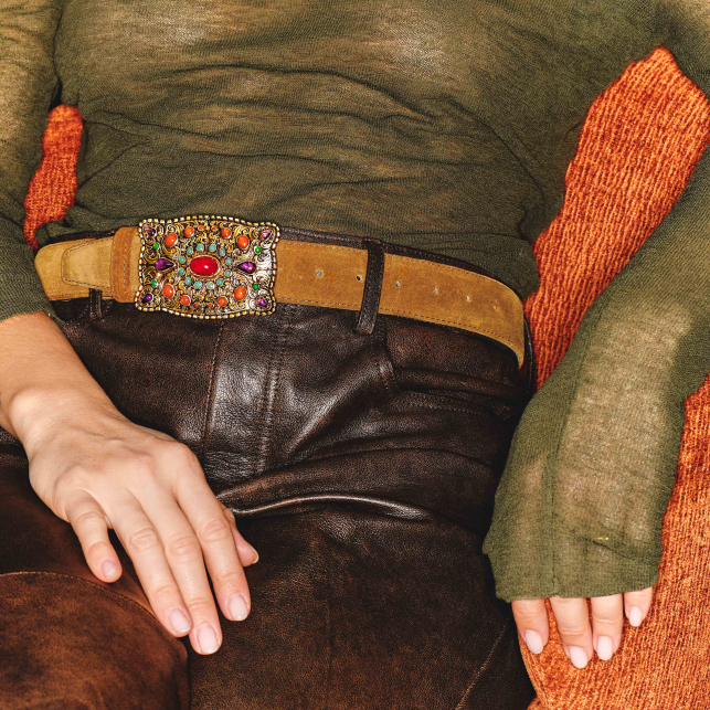 Baby Embossed Check Leather Belt Gold Shield