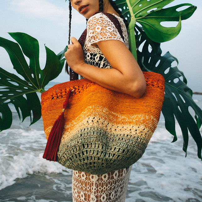 Panier Stella L Raphia Arc-en-ciel Orange