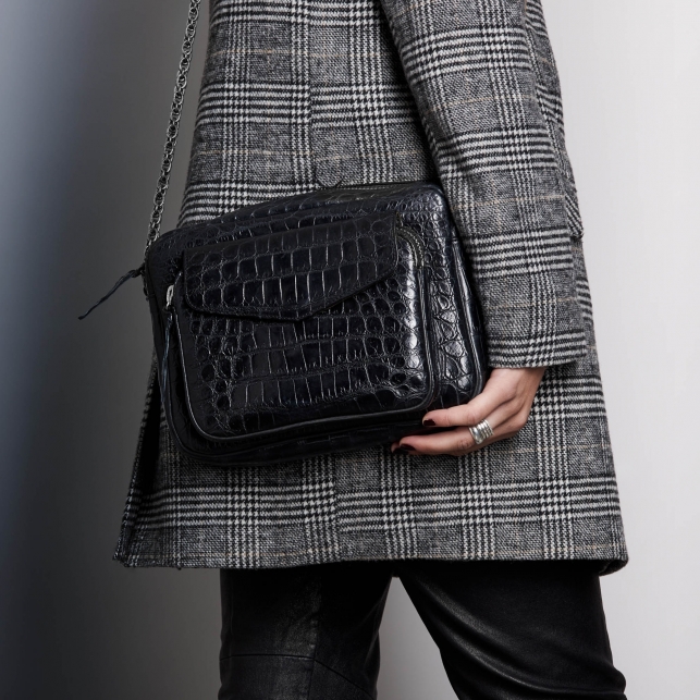 Sac Croco Big Charly Noir chaîne Argent 