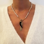 Collier Plume et Corne Turquoise Blanche